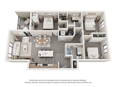 Floor plan for 3 beds, 2 baths, 1125 sqft